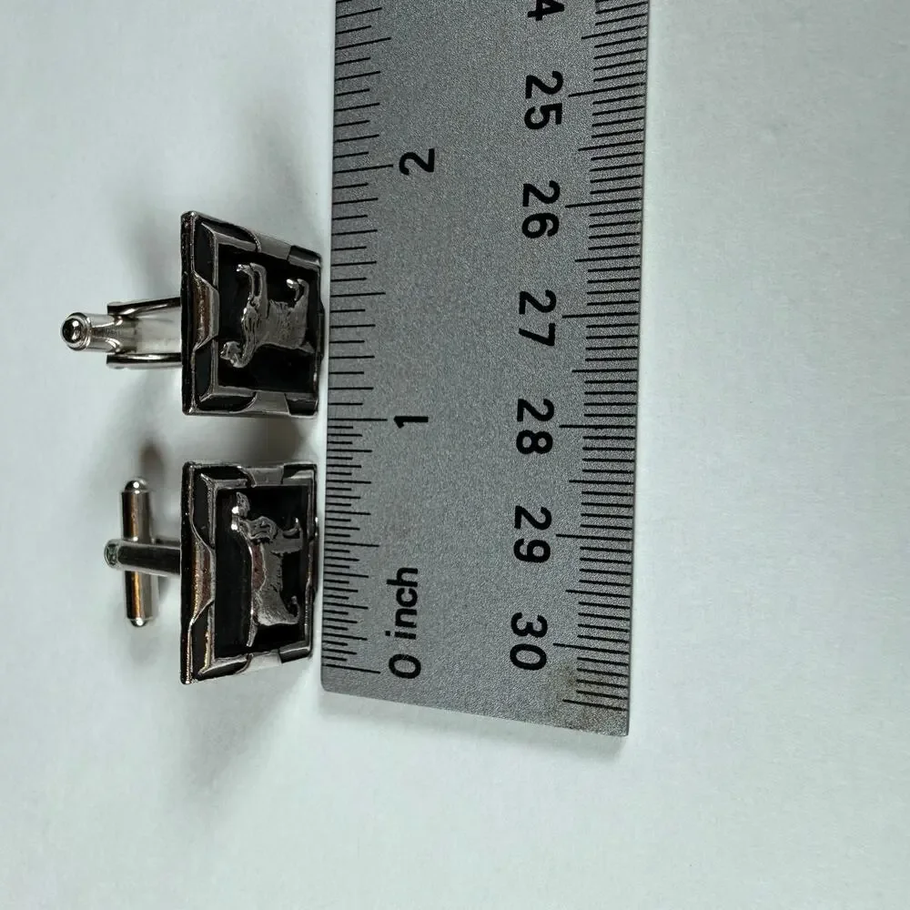 Vintage Silver Tone Dog Cufflinks Black Enamel Rectangle Basset Hound Style